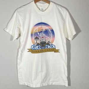 VTG Holland America Panama Canal White Cotton Graphic Vacation SS T Shirt Sz Med